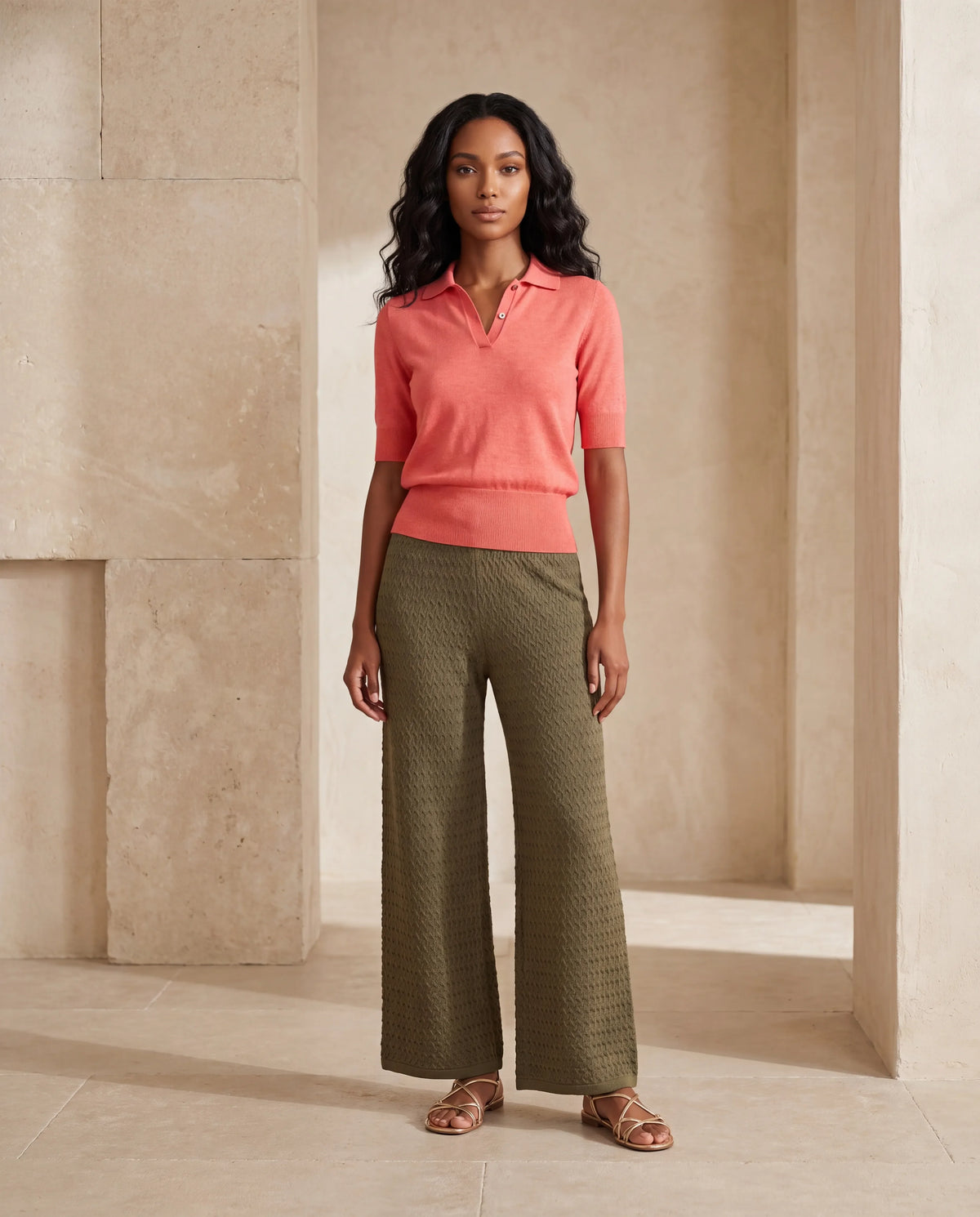 A woman stands in a warm, minimalist stone corridor wearing a coral pink short-sleeve knit polo shirt and textured olive green wide-leg trousers, paired with brown strappy sandals.