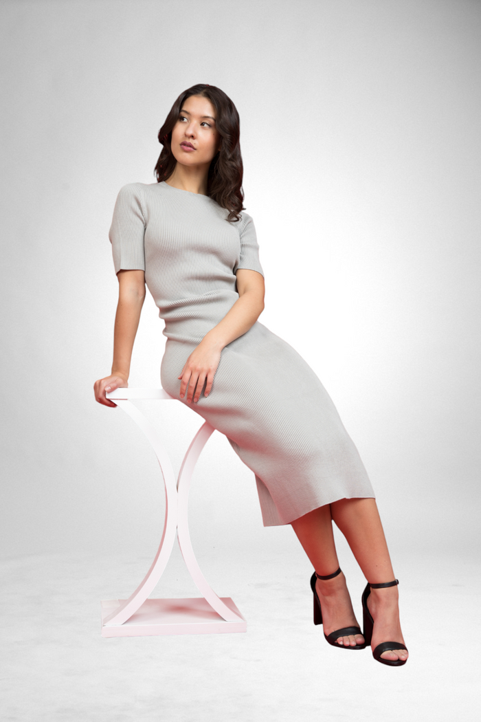 Goddess Short Sleeve Dress in cement, front view