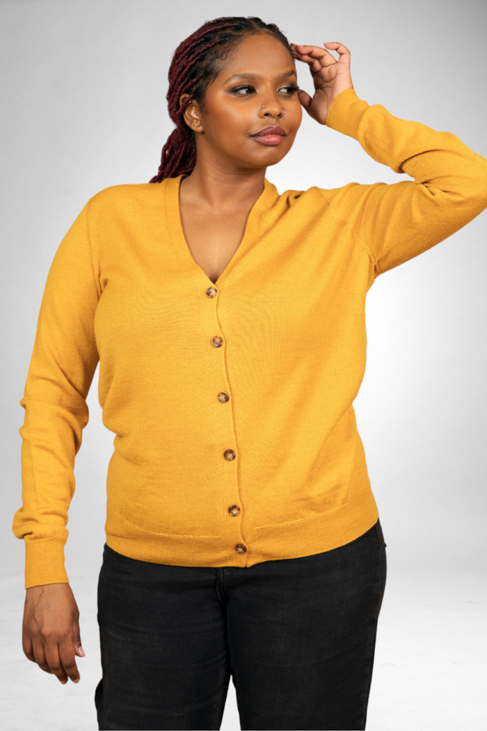 Evolve merino cardigan in golden rod, front view