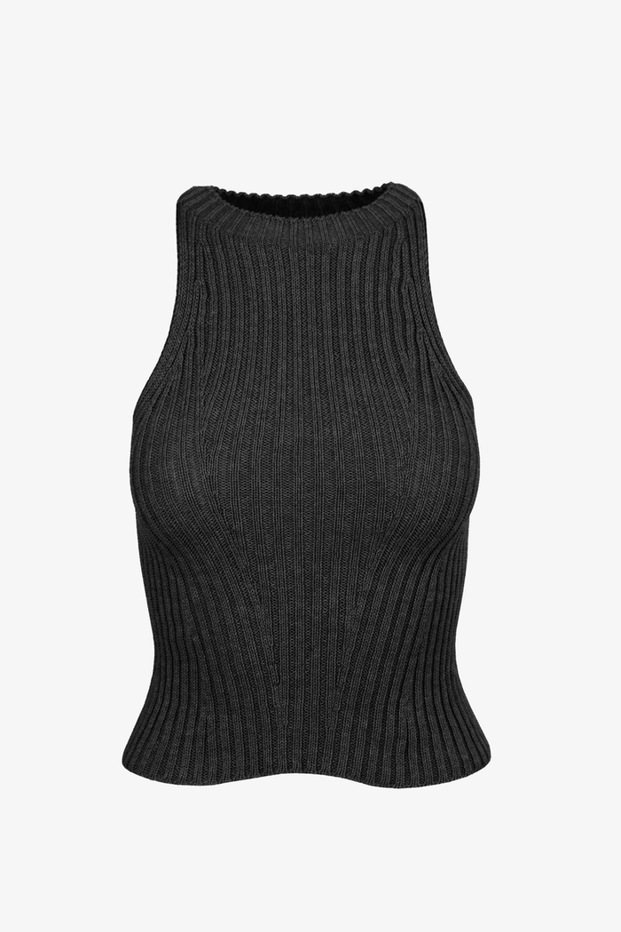 Black ribbed tank top on a white background