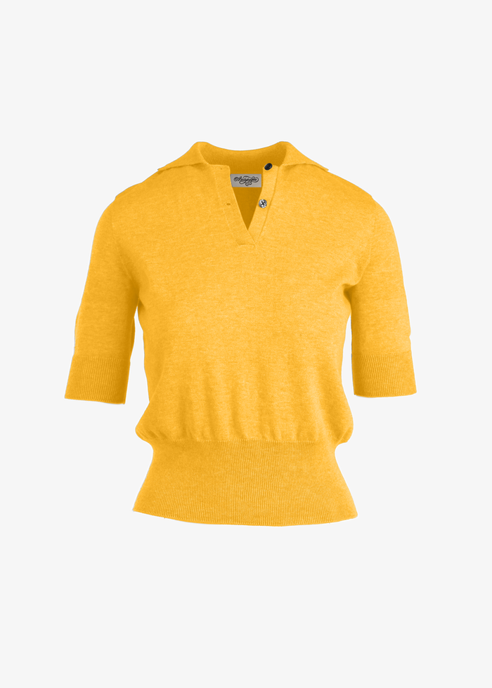 A yellow knit polo sweater with three-quarter sleeves and a small button placket, shown against a plain white background.