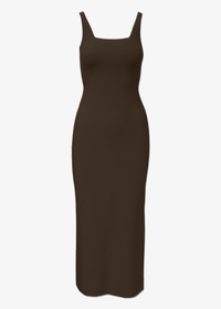 Brown knit slip dress on a white background