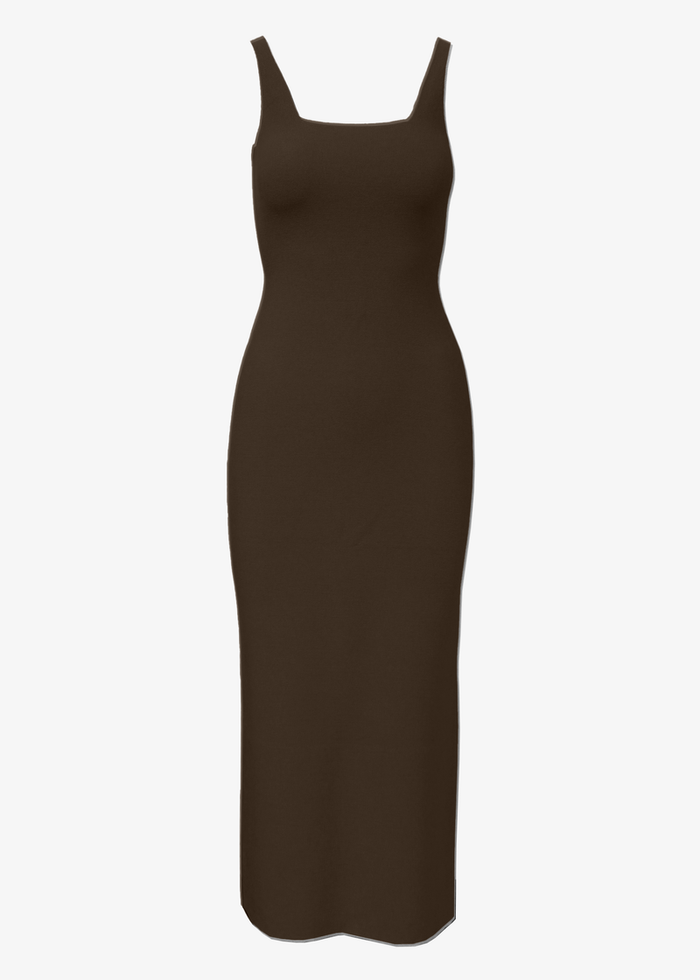 Brown knit slip dress on a white background